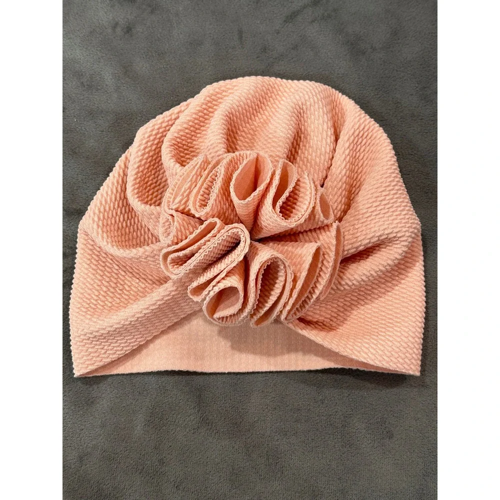 Baby Girl Waffle Knit Turban Hat Peach Pink Ruffle Flower Beanie Headwrap